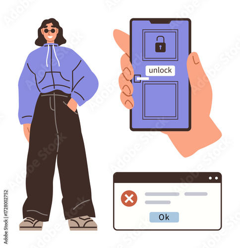 Casual style woman standing confidently, large phone with lock screen, browser error dialogue. Ideal for technology, security, privacy, fashion, user interface login issues modern lifestyle. Simple
