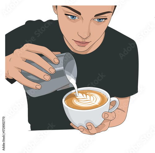Young barista with blue eyes carefully crafting a rosetta pattern with frothed milk in a cup of coffee, vector illustration
