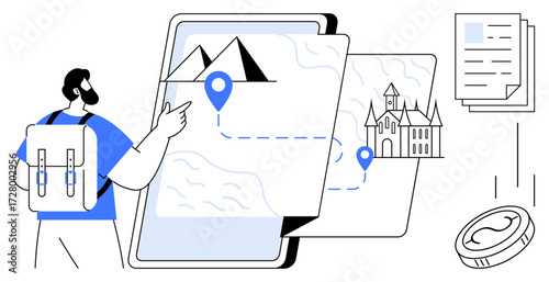 Backpacker pointing at virtual map screen with route and landmarks including mountains and castle. Ideal for navigation, travel, tourism, exploration, trip planning, adventure, digital tools. Simple