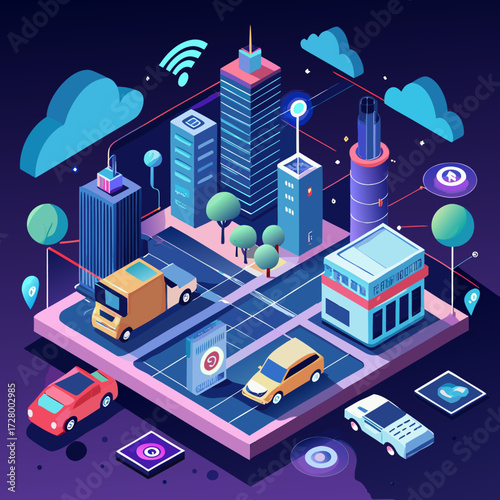  a detailed isometric vector map of a smart city ecosystem at dusk, where key elements like self-driving cars on roads, smart streetlights, connected homes with solar panels, and waste management sens