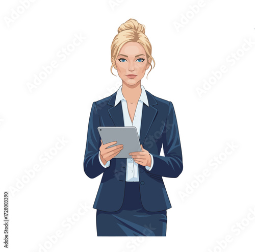 Vector illustration of a successful businesswoman in a formal suit, holding a tablet and looking forward with confidence