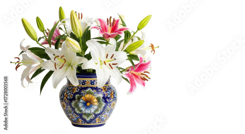 Fresh lily flower bouquet in a colorful vase isolated PNG with Transparent Background