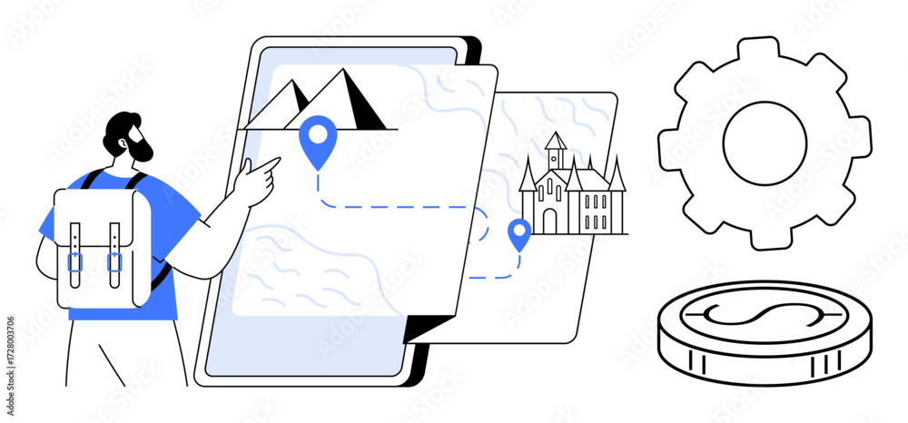 Fototapeta premium Traveler with backpack pointing at a digital map featuring landmarks and location pins alongside a gear and coin. Ideal for travel, navigation, planning, tourism, itinerary, exploration, simple flat