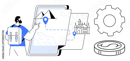Traveler with backpack pointing at a digital map featuring landmarks and location pins alongside a gear and coin. Ideal for travel, navigation, planning, tourism, itinerary, exploration, simple flat