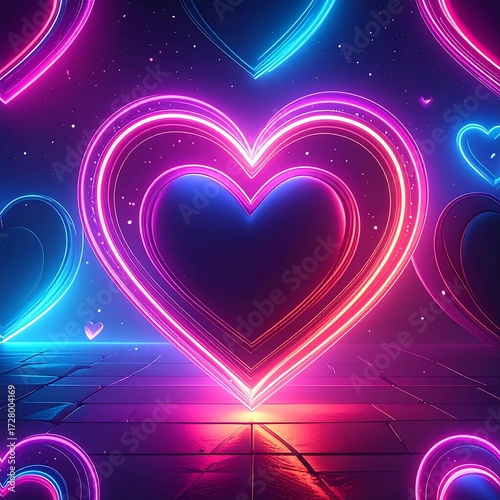 Neon hearts in a dark background
