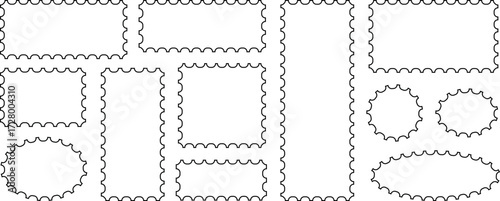 Postage stamp borders collection, Blank postage stamp. Post stamp frame, Clean postage stamp template. Postage icon. Scallop crayon emblem, outline silhouette postage stamp icon