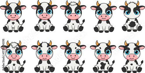 cute cartoon baby cow vector illustration set, adorable farm animal clipart, dairy cattle design, children artwork, livestock mascot, kawaii character drawing