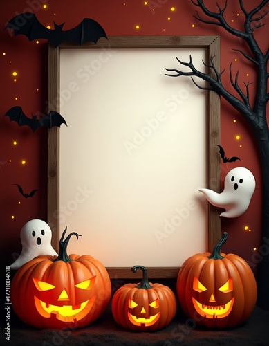 Empty Halloween picture frame on color background with bats ghosts and pumpkin border background  spooky illustration decoration