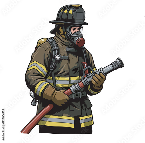 A professional firefighter fully equipped in protective gear, including a helmet and oxygen mask, stands ready with a water hose for emergency response