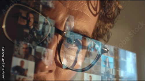 Man on international video call, with multiple faces on screen and sophisticated environment.