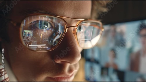 Man on international video call, with multiple faces on screen and sophisticated environment.