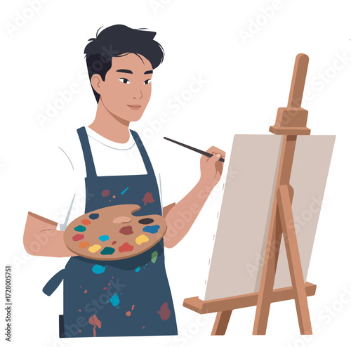Artist at Work A Painter Creating Art on Canvas, Holding Palette and Brush, Studio Life Concept