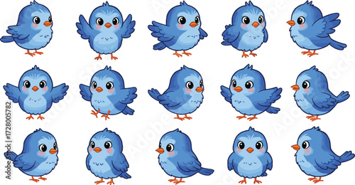 cute blue bird cartoon illustration set, vector character design, flying bird animation, adorable sparrow drawing, children clipart, digital artwork