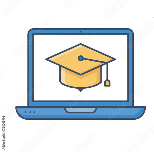 Digital education and e-learning concept with a graduation cap on a laptop screen, symbolizing online courses and virtual university degrees