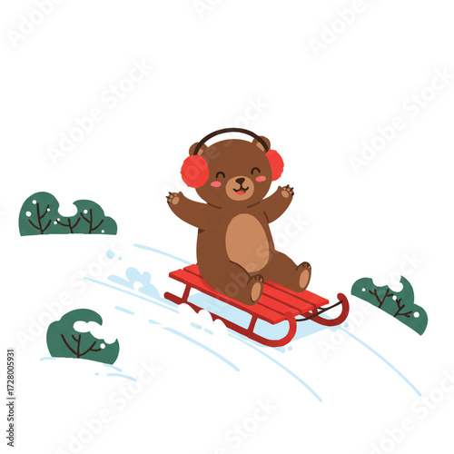 Cute bear wearing earmuffs joyfully sleds down a gentle snowy hill on a vibrant red sled. This simplified 2D flat vector illustration features clean outlines, vibrant colors, and a white background.