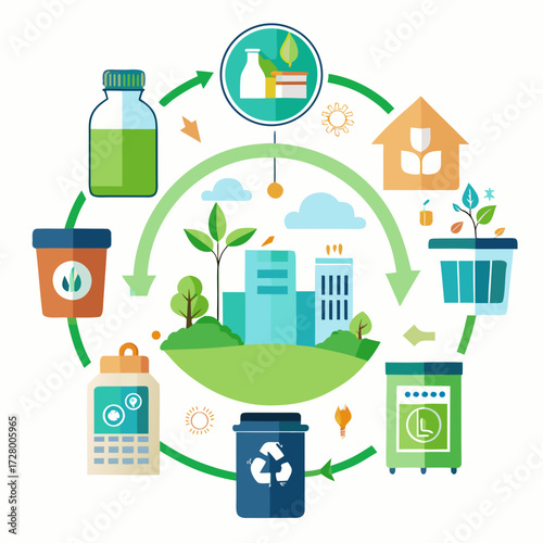 an infographic-style circular diagram illustrating the zero-waste lifecycle of a glass jar, starting from recycling bin collection, to processing at a recycling plant, manufacturing into a new jar, di