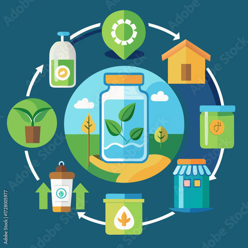 an infographic-style circular diagram illustrating the zero-waste lifecycle of a glass jar, starting from recycling bin collection, to processing at a recycling plant, manufacturing into a new jar, di