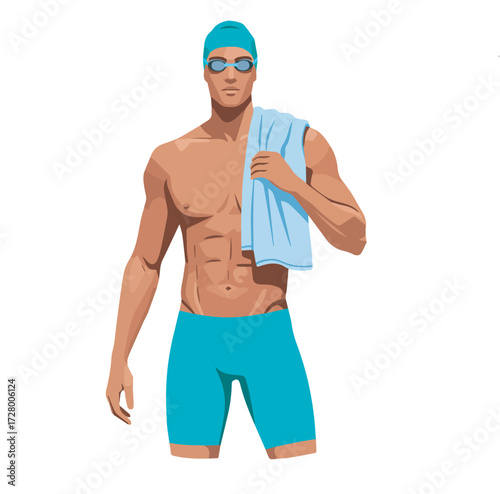 Athletic male swimmer with a toned physique and abs, wearing a swim cap and goggles, posing with a towel after training