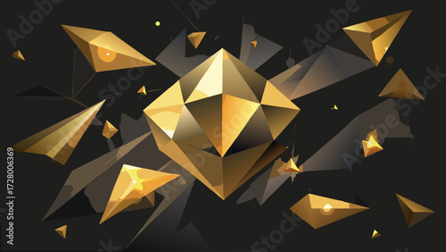 Golden geometric shapes floating on a dark backdrop