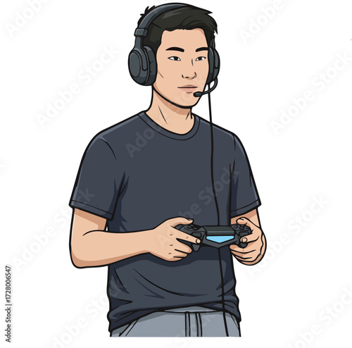 Illustration of a young Asian man wearing a headset and holding a controller, enjoying his passion for online video gaming and esports