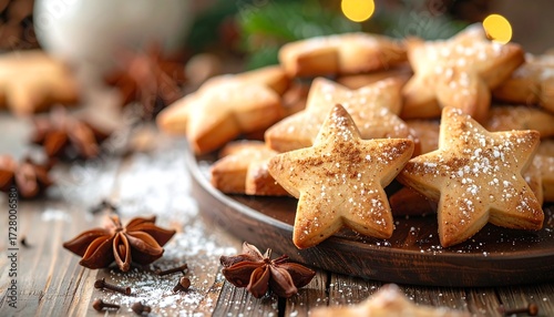 Christmas star-shaped cookies on a rustic wooden platter