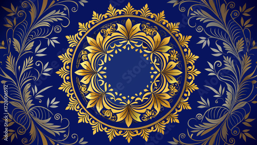 Ornate golden floral mandala on a deep blue background