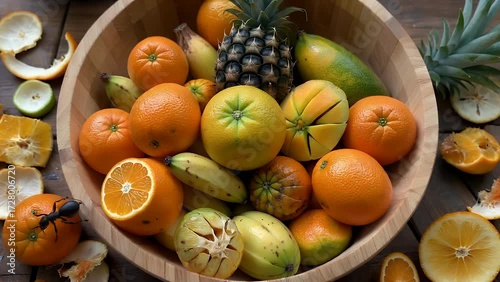 Circular Bowl Crafted From Natural Wood Overflowing With Assortment Of Fresh Mediterranean And Tropical Fruits