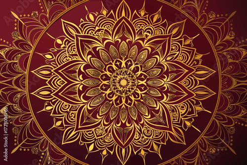 Golden mandala with intricate details on maroon background
