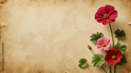 Square fashionable aged textured paper background featuring Tropaeolum majus the garden nasturtium. with copy space image. Place for adding text or design
