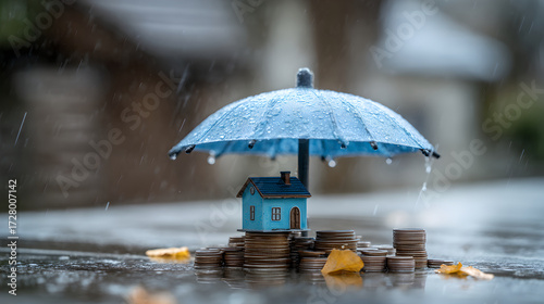 Wallpaper Mural Blue umbrella protecting a small house model elevated on coin stacks.
 Torontodigital.ca