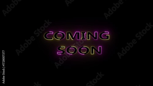 cyan and yellow color glowing neon coming soon text animation on black background.