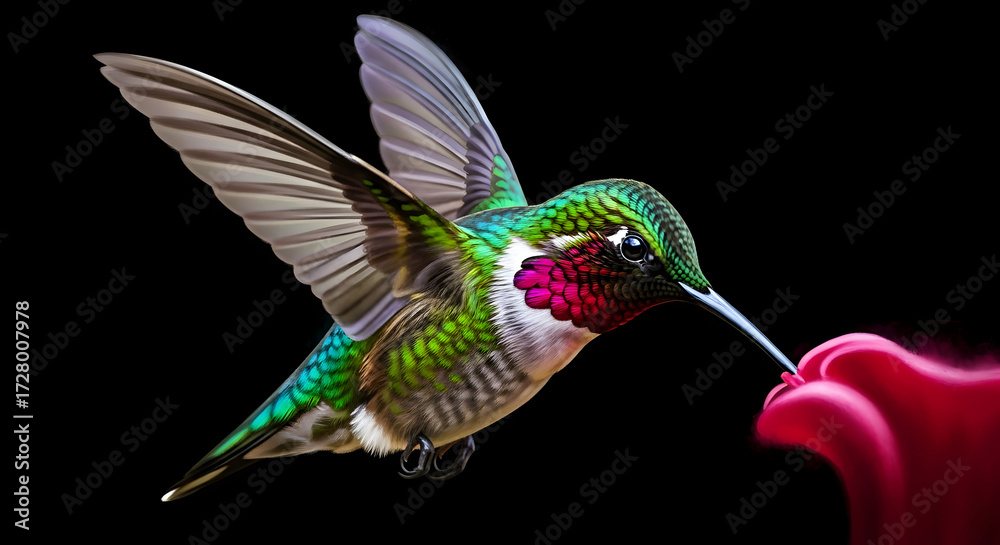 Obraz premium Detailed Colorful Hummingbird Drinking Nectar from Bloom on Dark Background