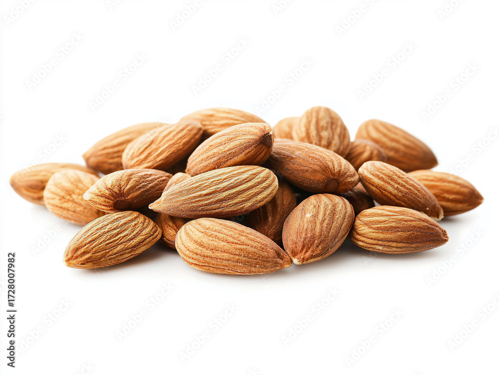 Fototapeta premium Raw Almonds Piled Together on White Background for Culinary Use