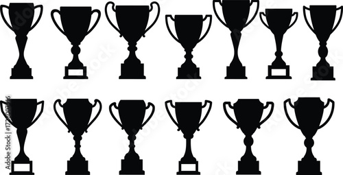 Silhouette trophy cup collection, award recognition, sports achievement, championship success, competition reward, winner celebration, victory symbol, honor prize, excellence award, competition