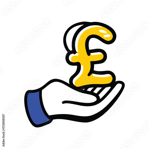hand holding a dollar sign, Hand holding floating British Pound coin stylized doodle currency vector icon

