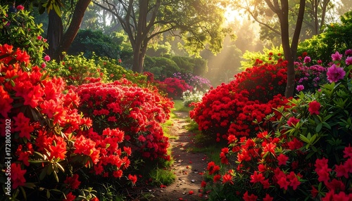 Fototapeta Naklejka Na Ścianę i Meble -  Sunlit path through vibrant rhododendron garden