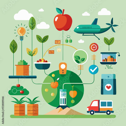 a detailed vertical infographic tracing the farm-to-table journey of organic vegetables, from seeds being planted in a smart farm with drone monitoring, to harvest by farmers, transportation in electr