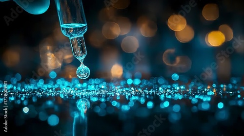 A pipette dispensing a drop of liquid with shimmering bokeh effects