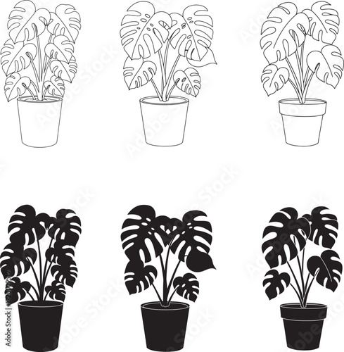 Collection of six potted houseplants in stylized outline and silhouette illustrations