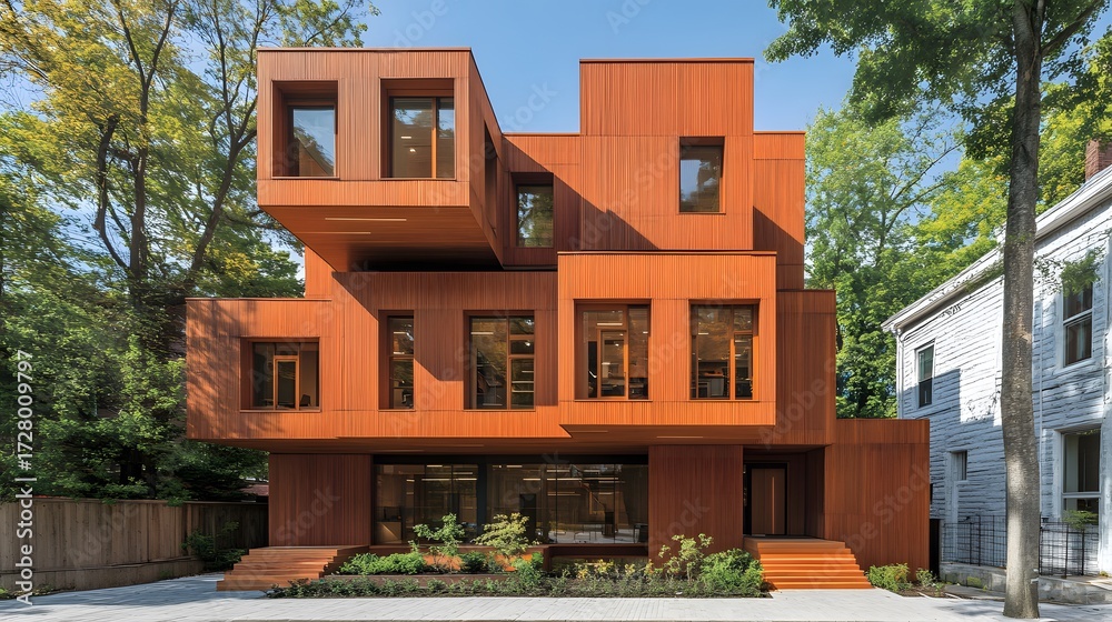 Naklejka premium Modern Brown Wooden Cube House Architecture Exterior