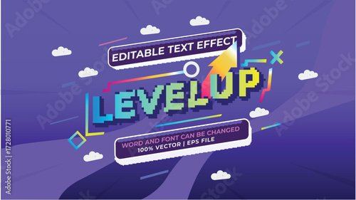 Level Up game pixelated vector text effect. Editable 3D pixel font style.