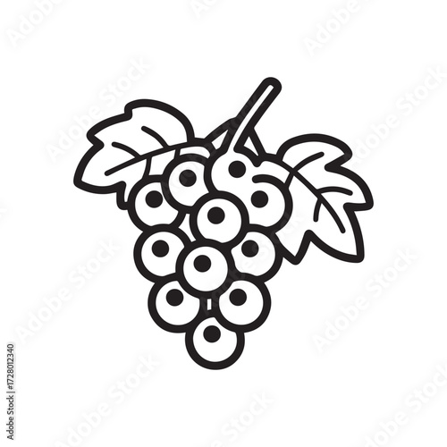 Black outline drawing shows a cluster of grapes with attached leaves on white background
