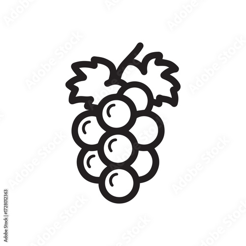 Black outline showcases grapes with leaves creating an isolated minimalist fruit element on white background