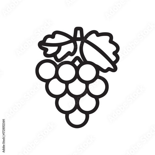 Bold black outline defines a bunch of grapes with leaves on white background
