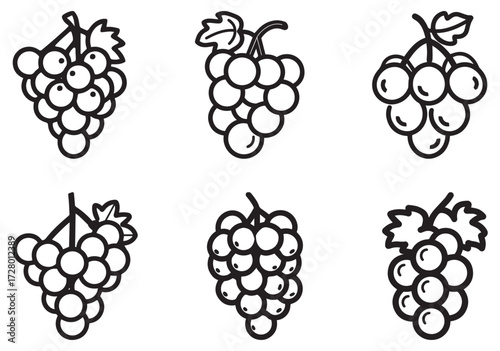 Collection of six grape bunch icons with simple black outlines showcasing varied arrangement on white background