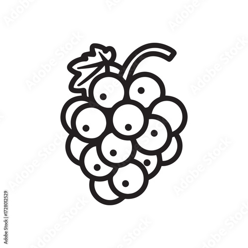 Outline shows a cluster of round grapes with attached leaves on white background