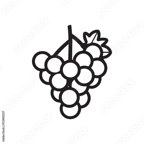 Outline drawing of a bunch of grapes with a leaf on white background