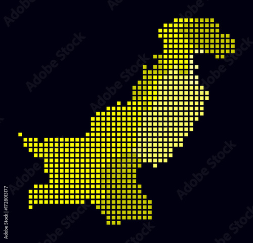 Pakistan dotted map. Digital style map of the country on dark background. Pakistan shape with square dots. Colored dots style. Large size squares. Creative vector illustration.