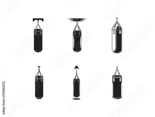 Boxing Punching Bag Vector Icons, Hanging Heavy Bag Silhouettes.