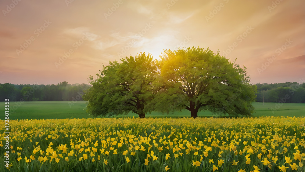 Obraz premium Two majestic trees stand tall in a sun-drenched field of yellow daffodils during a golden hour sunset, evoking a sense of peace and natural beauty